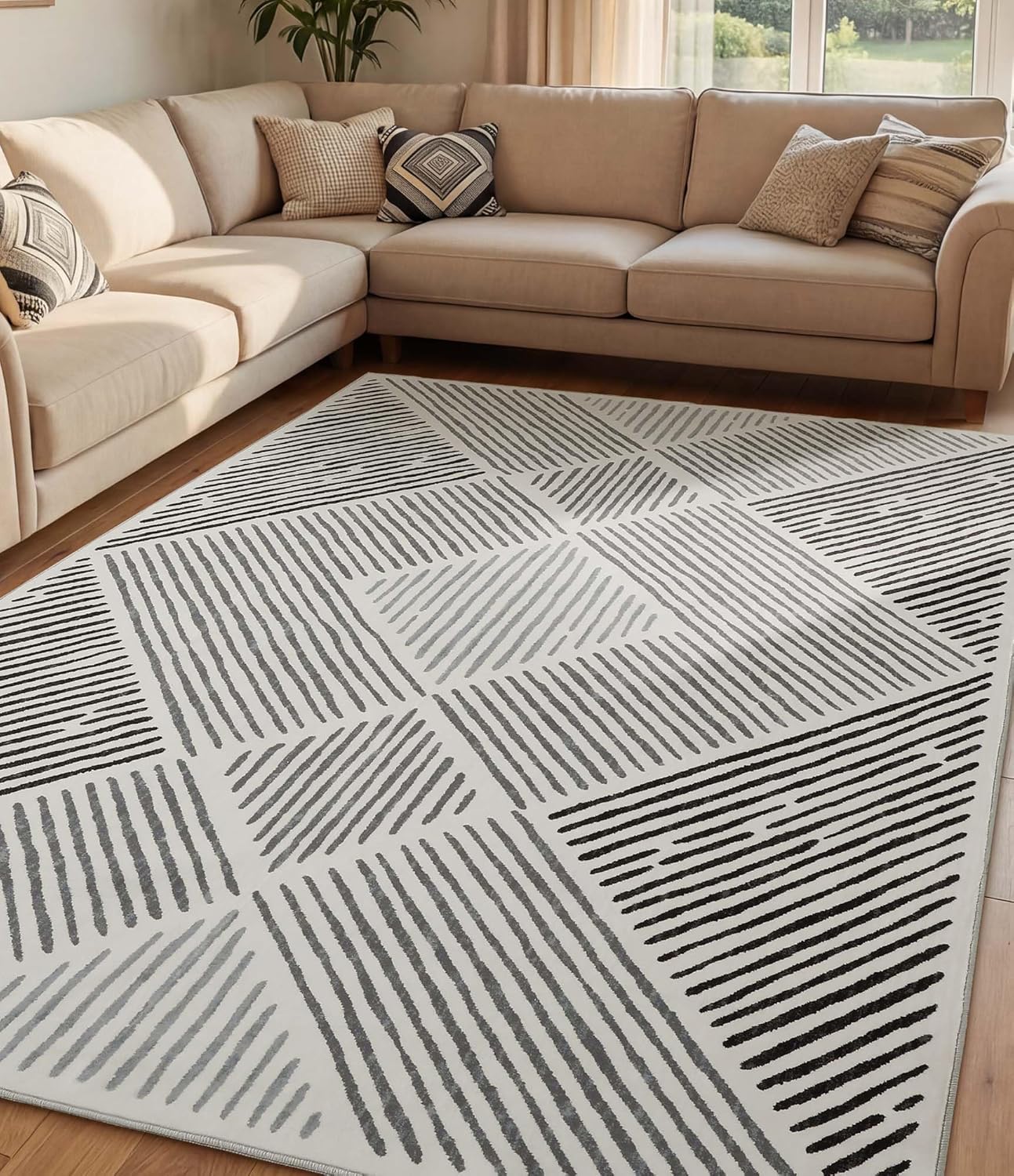 Alfombra geométrica blanca y negra 5x7pulg dormitorio sala