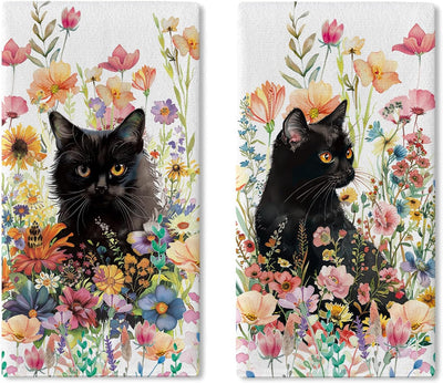 Juego de 2 paños de cocina con flores silvestres de gato negro para primavera y verano