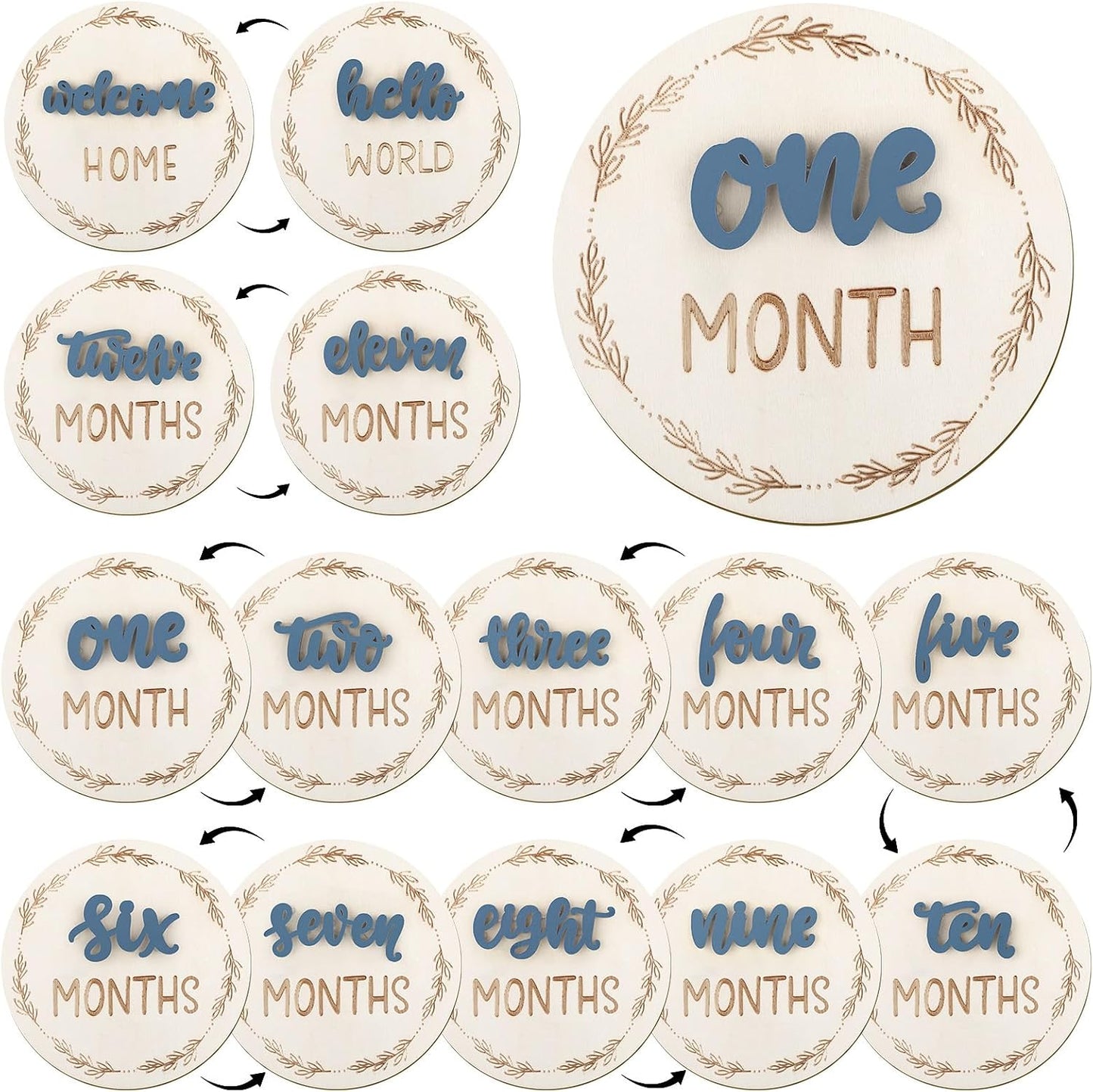 Tarjetas hitos mensuales bebé madera 3D azul doble cara 1-12 meses