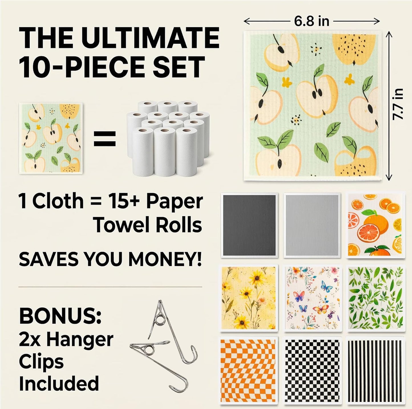 Paquete de 10 toallas para cocina suecas reutilizables con clips colgantes