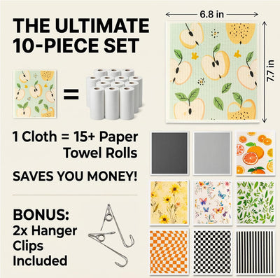 Paquete de 10 toallas para cocina suecas reutilizables con clips colgantes