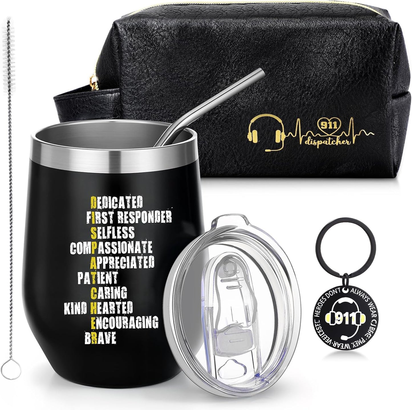 Set 3 artículos aseo cuero vaso acero inox 12oz llavero negro