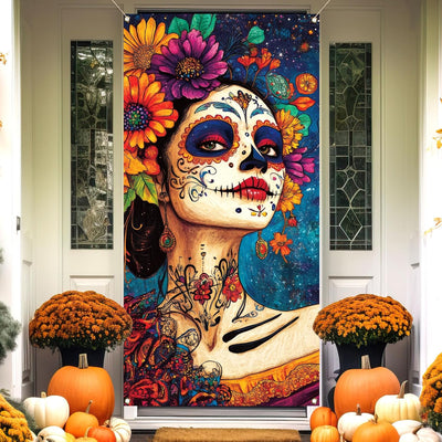 Cubierta puerta Día de los Muertos calavera azúcar decoración