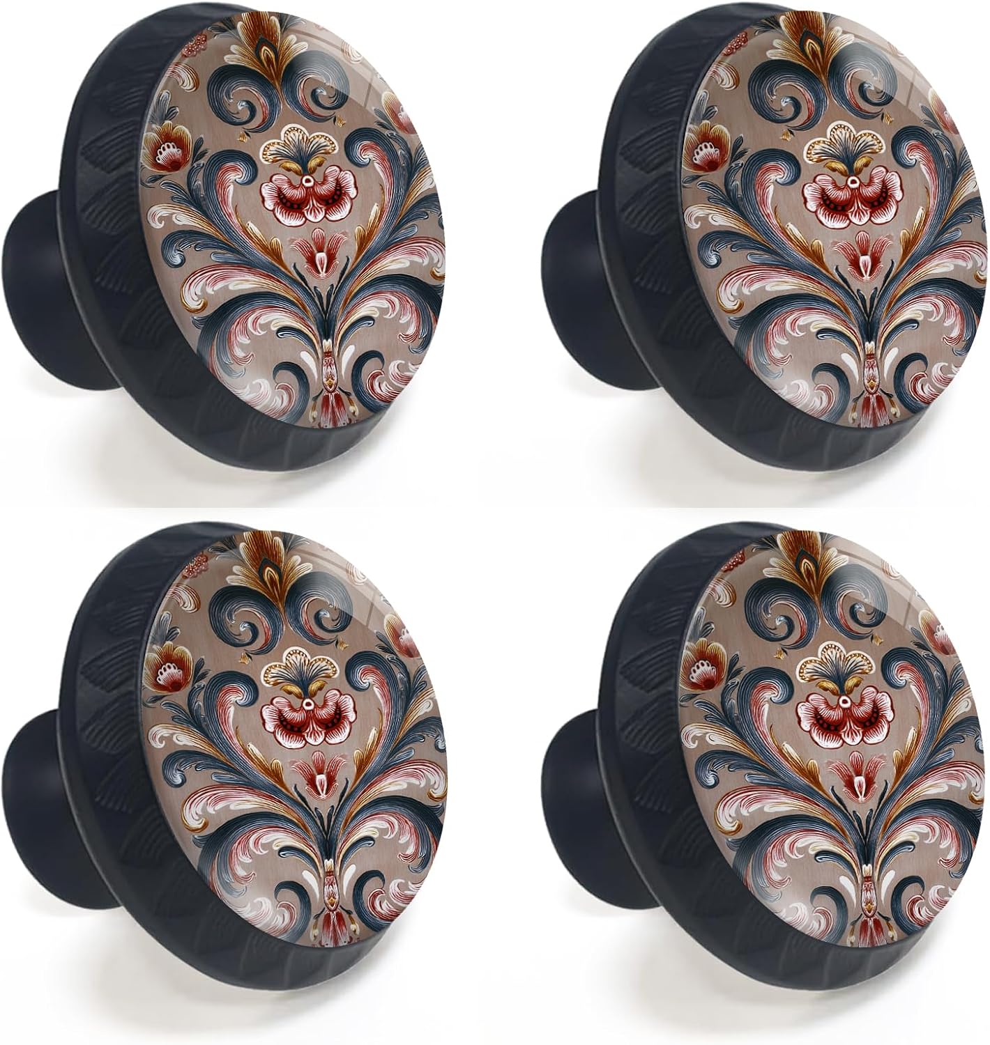 4 Pomos Armario Estilo Noruego Floral Tornillos Redondos Negros