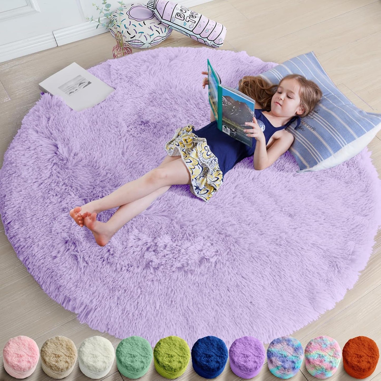 Alfombra redonda morado claro para dormitorio niña suave peluda