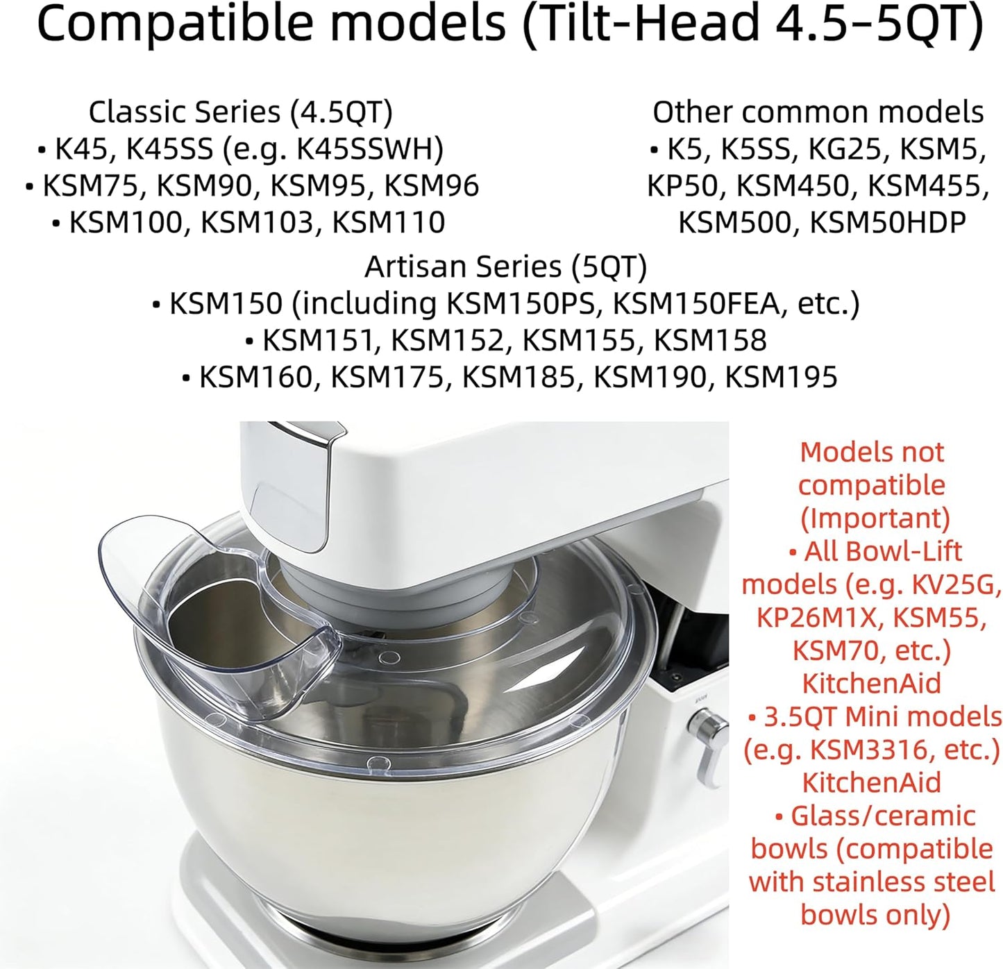Protector contra salpicaduras para tazones 4.5-5 cuartos de galón compatible KitchenAid