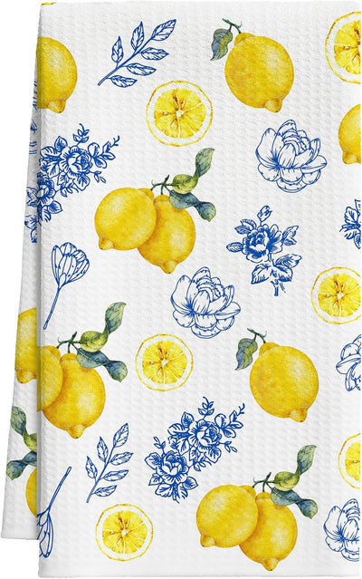 Toallas decorativas de cocina florales de limón azul y blanca estilo Amalfi retro vintage