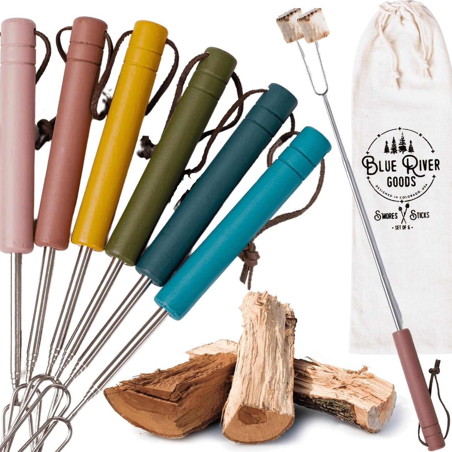 6 Pzas Palos Smores Acero Inox Asas Madera