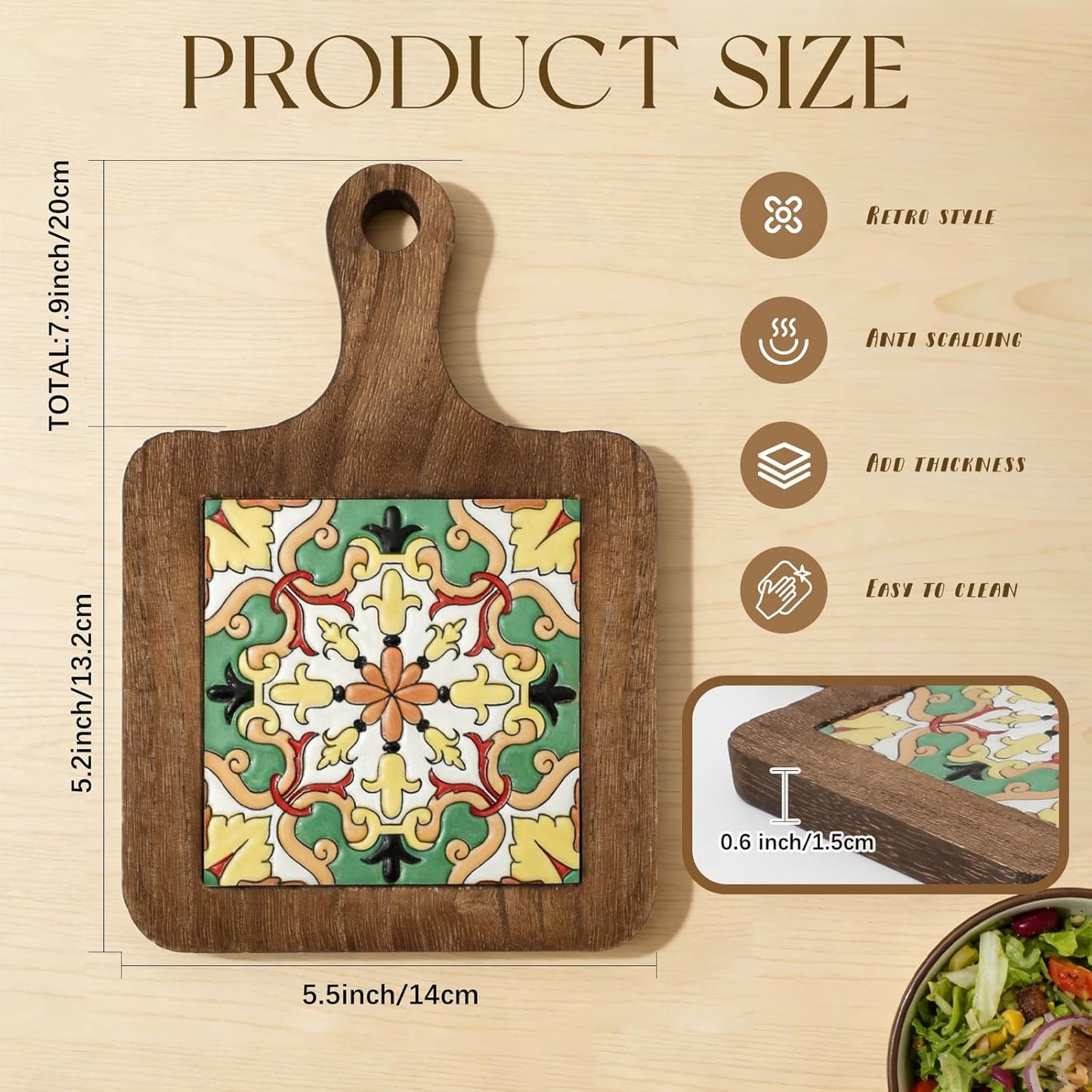 Salvamanteles mexicanos de madera floral con asa para cocina