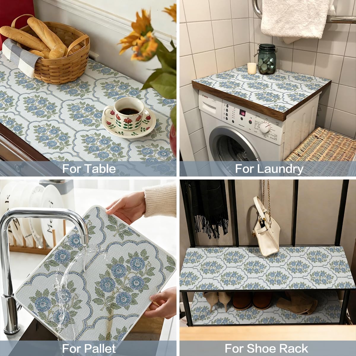 Forro de estante floral azul antideslizante no adhesivo para cajones