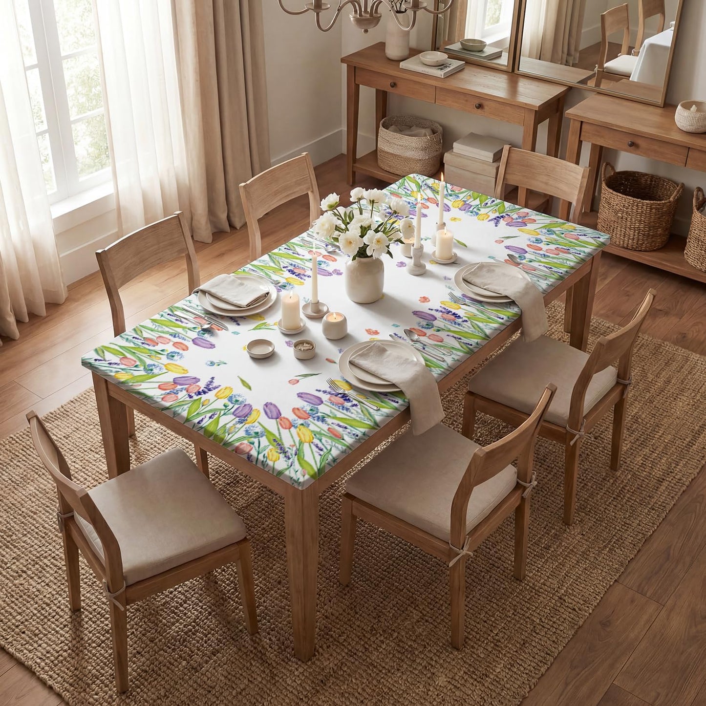 Mantel rectangular de tulipanes 72 x 30 pulgadas lavable para comedor