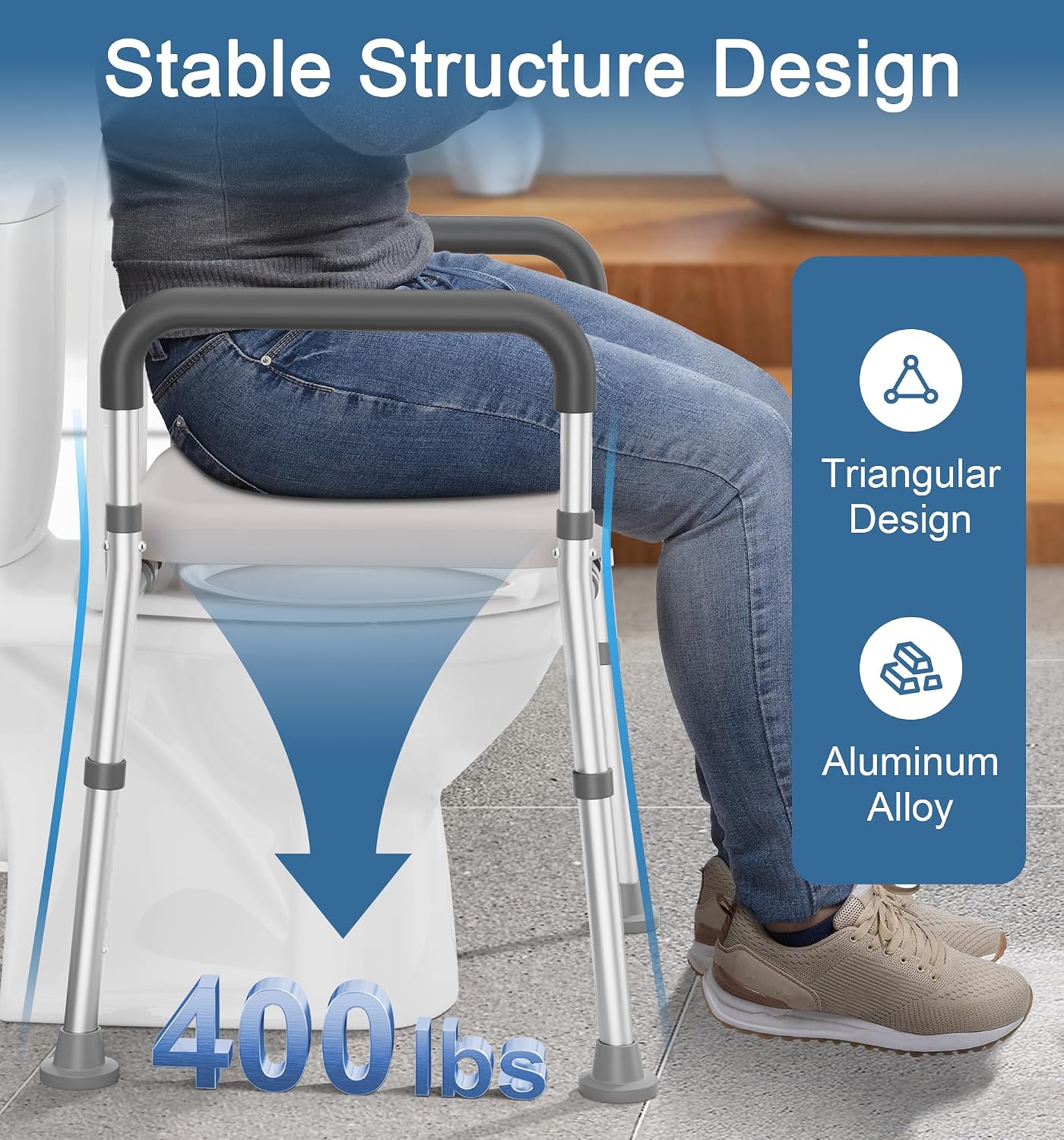 Asiento inodoro elevado con asas ajustables para adultos mayores