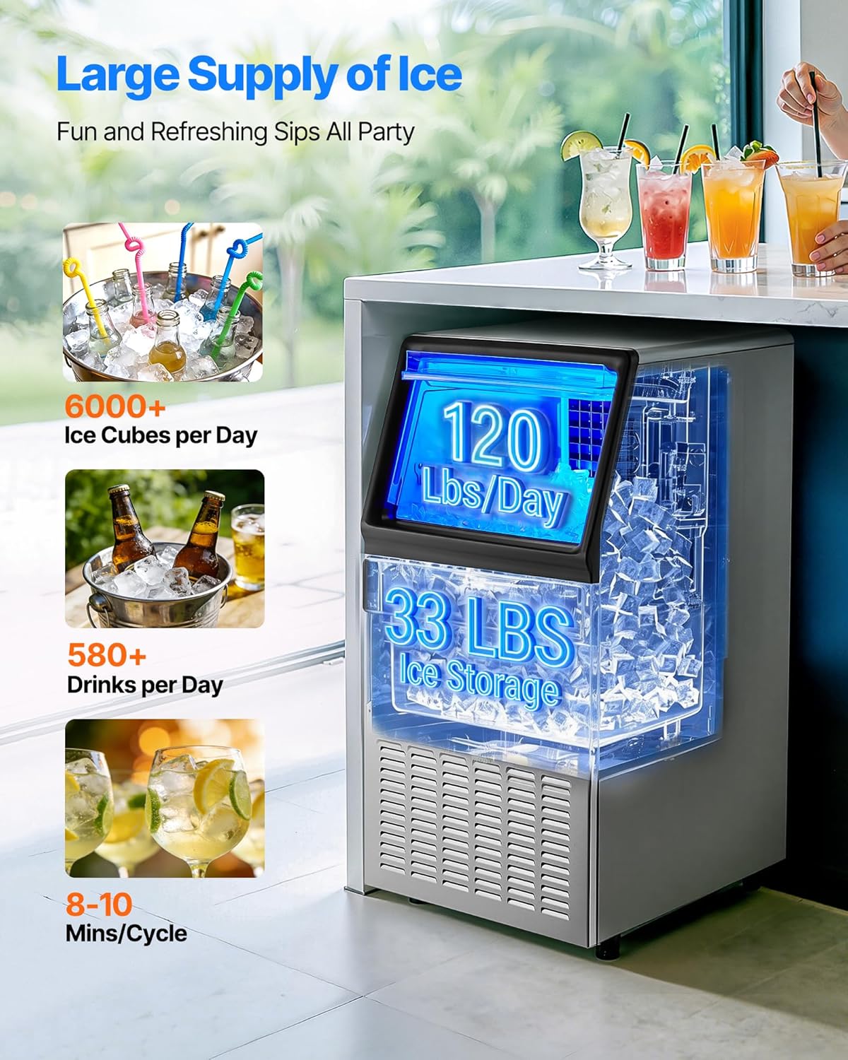 Máquina hielo comercial 120lb/24h con contenedor 33lb