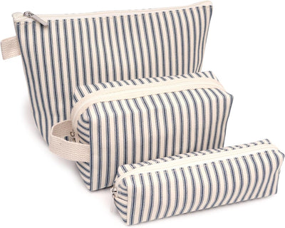 Set 3 bolsas maquillaje rayas azules para mujer