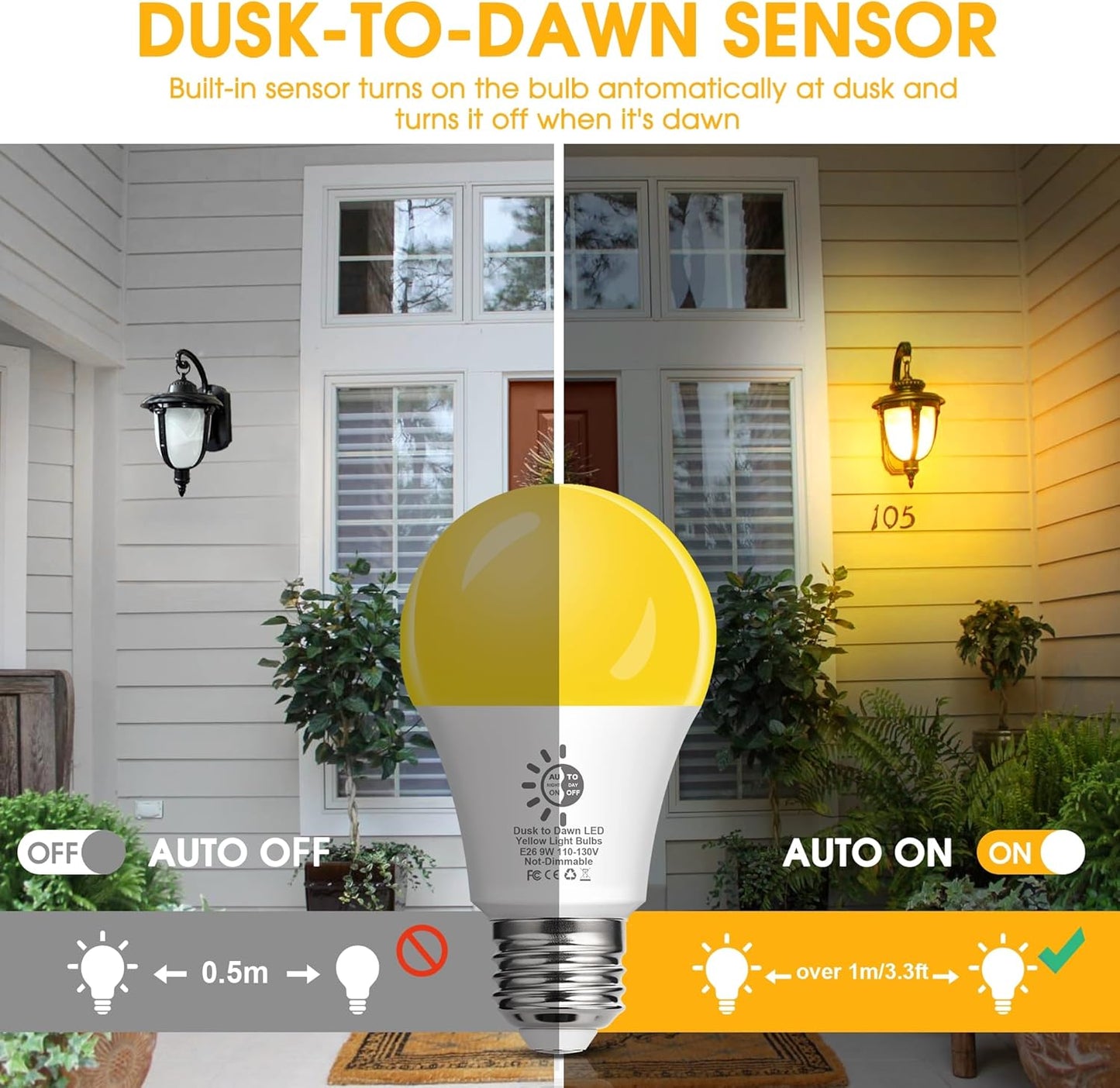 Lámpara insectos A19 amarilla LED 9W sensor luz exterior 2 Pzas