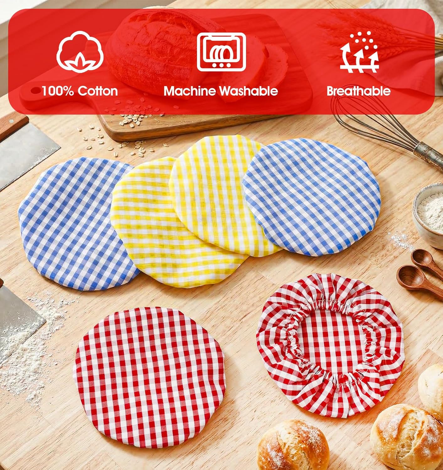 6 fundas tela cuadros para tarros masa madre reutilizables