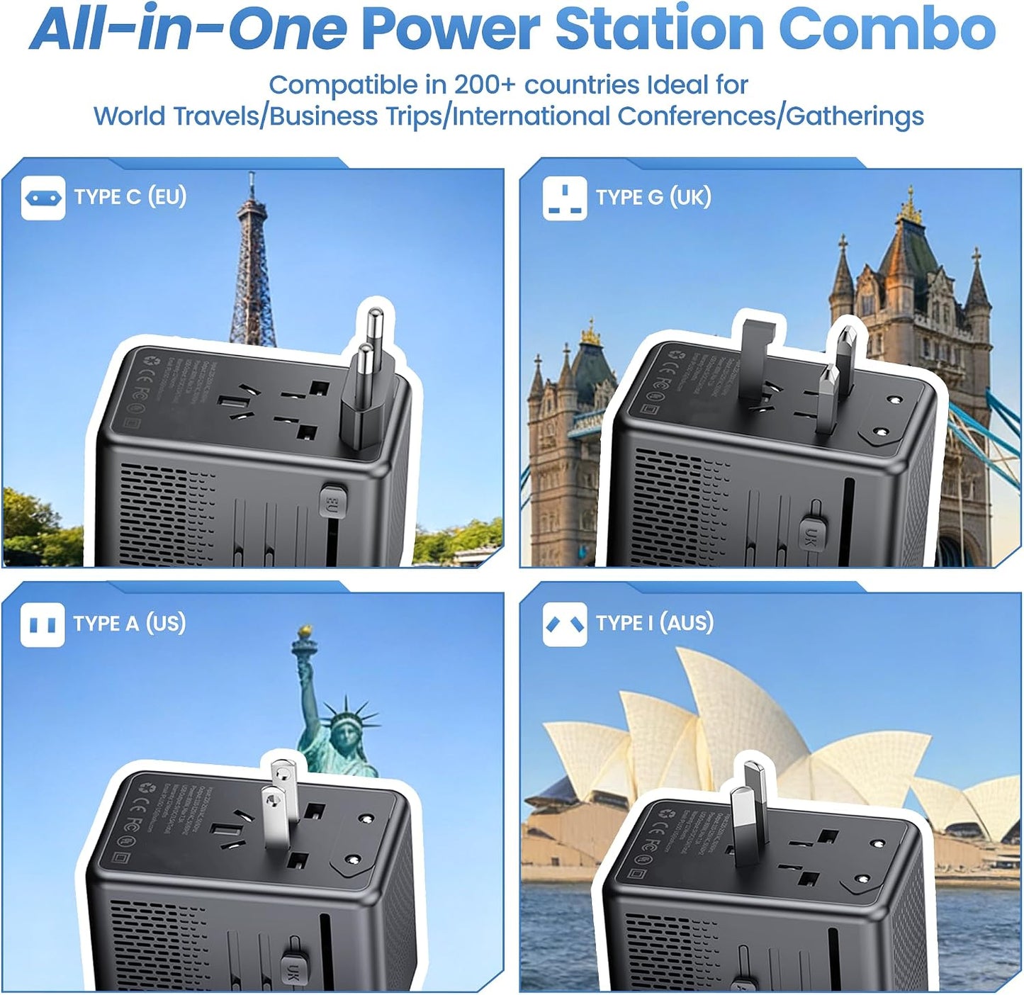 Convertidor voltaje 220V a 110V con 2 USB A y 2 USB C