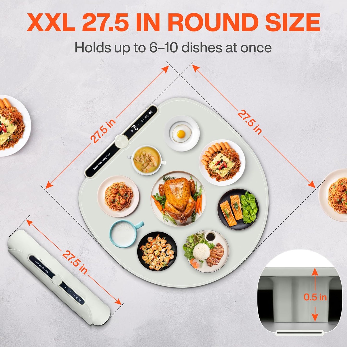 Tapete redondo XXL para calentar alimentos de 27.5 x 27.5 pulgadas