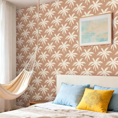 Papel Tapiz Bohemio Terracota Palmeras Playa Marrón Naranja