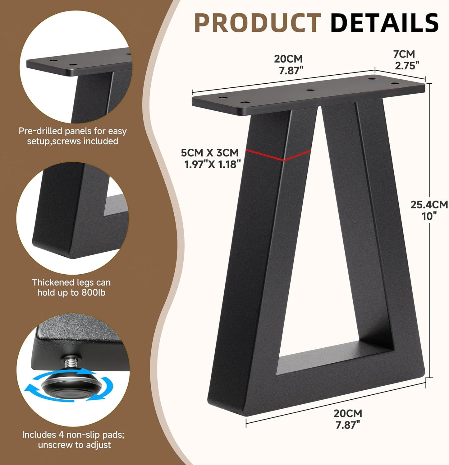 Patas trapezoidales metal 10pulg para mesas café y sofá