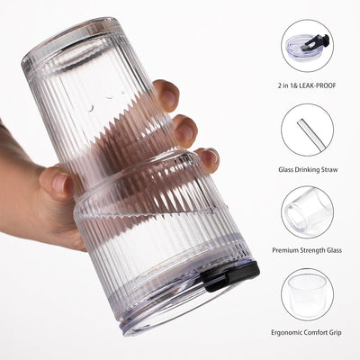Vaso de vidrio acanalado sin BPA con tapa a prueba de fugas para café, matcha y jugo