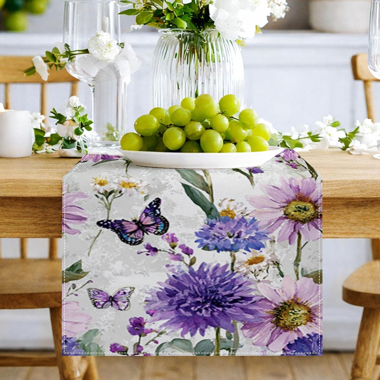 Camino de mesa floral rústico 13 x 72 pulgadas con flores silvestres moradas