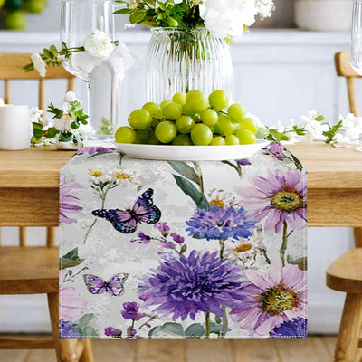 Camino de mesa floral rústico 13 x 72 pulgadas con flores silvestres moradas