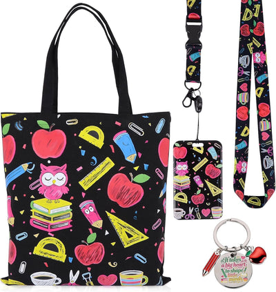 Juego de regalo para profesor con 3 bolsas de lona, soporte retráctil para tarjetas y llavero