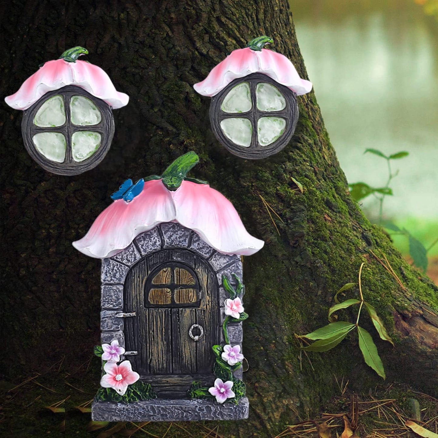 Gnomo hadas decoración jardín con ventana puerta brilla oscuridad