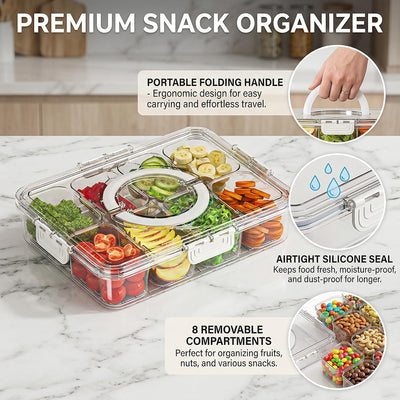 Contenedor dividido 8 compartimentos con tapa y asa para frutas, dulces y picnics