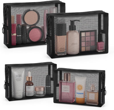 4 Pzas Bolsas Malla Maquillaje con Cremallera Negro