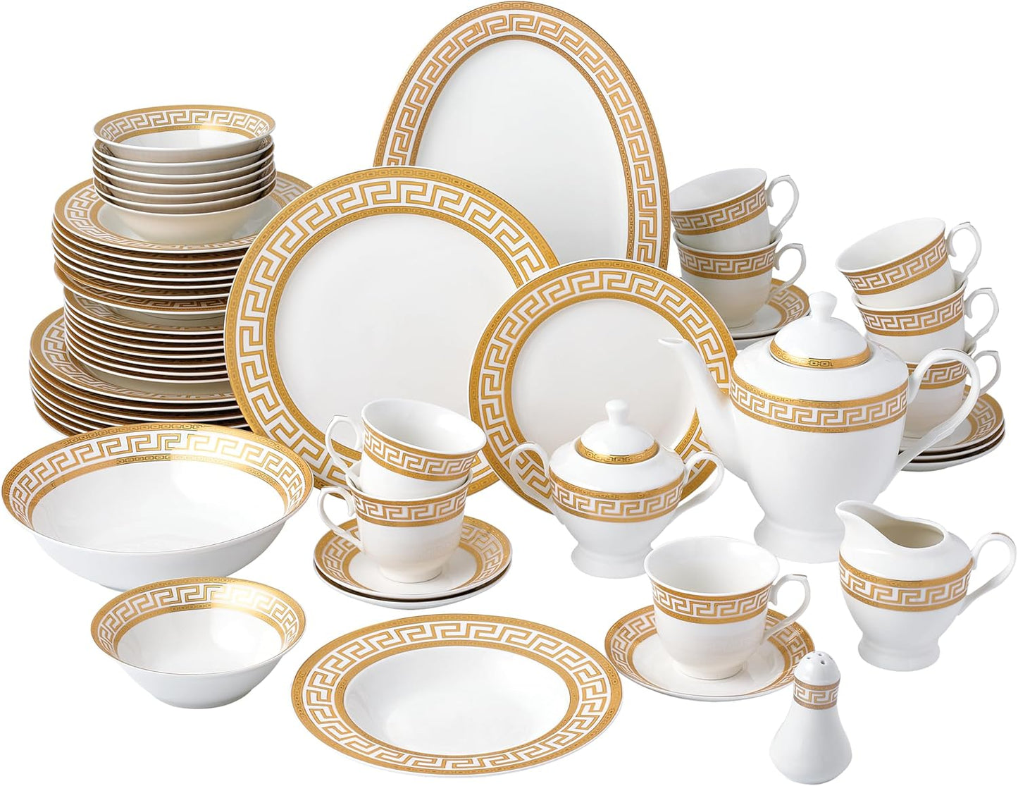Set 77 Pzas Vajilla Porcelana Hueso Llave Griega Blanca Dorada