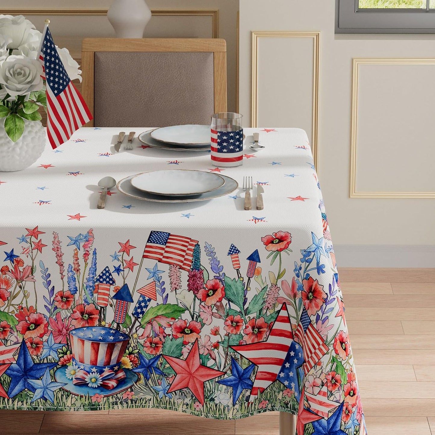 Mantel cuadrado patriótico con flores y estrellas EE.UU. para Día de los Caídos
