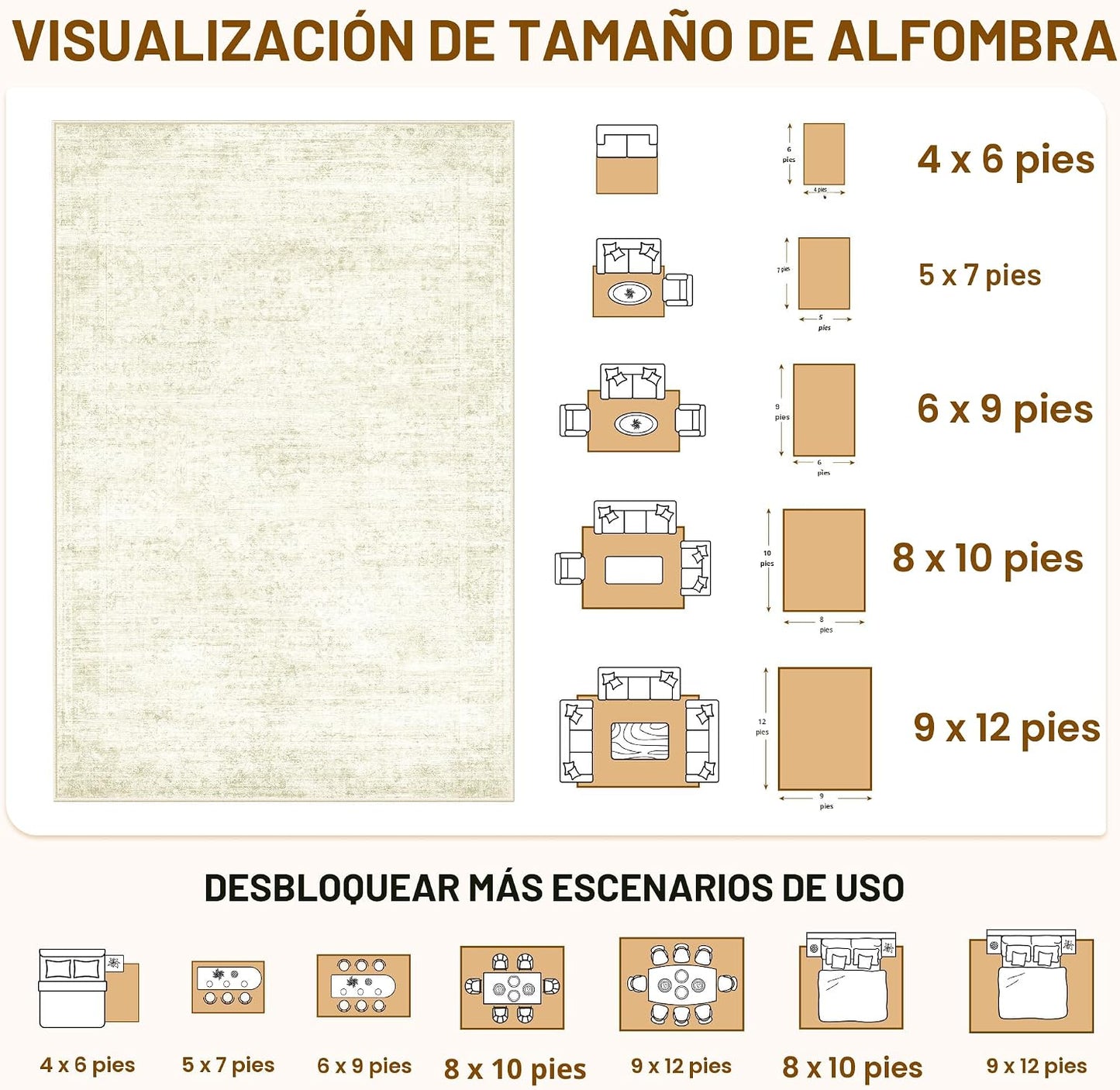 Alfombra lavable 8x10ft vintage antideslizante plegable beige