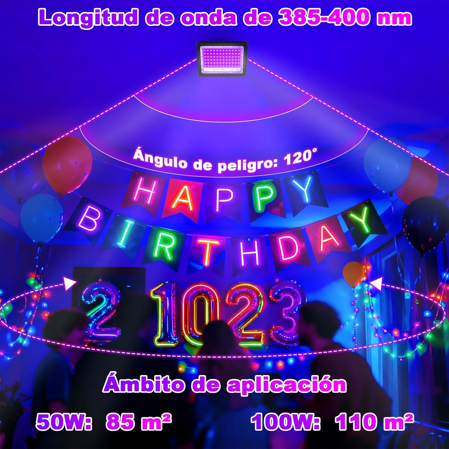 2 Luces LED Negra 50W IP66 con Enchufe para Fiesta Halloween