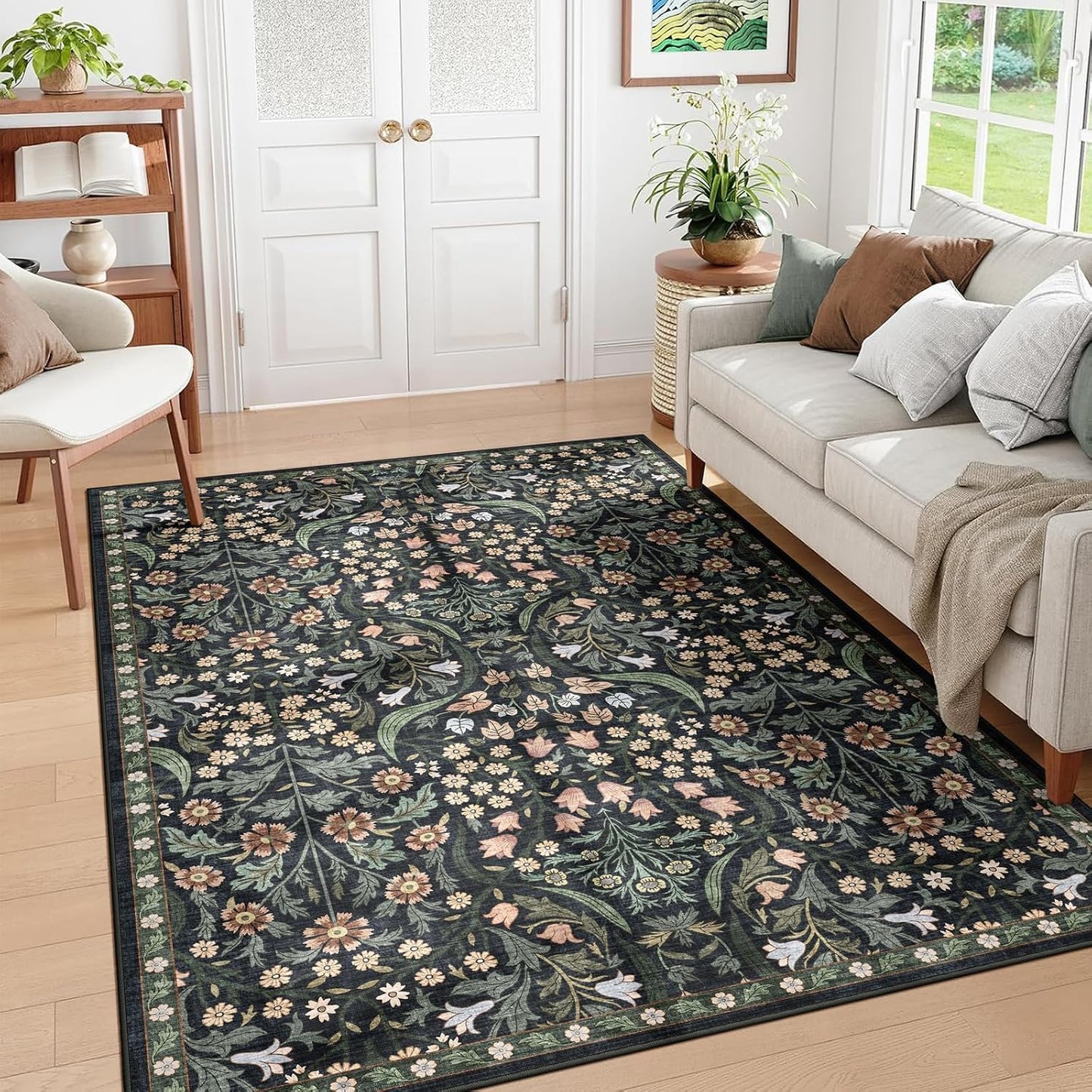 Alfombra lavable sala 8x10ft pelo bajo negro verde marrón