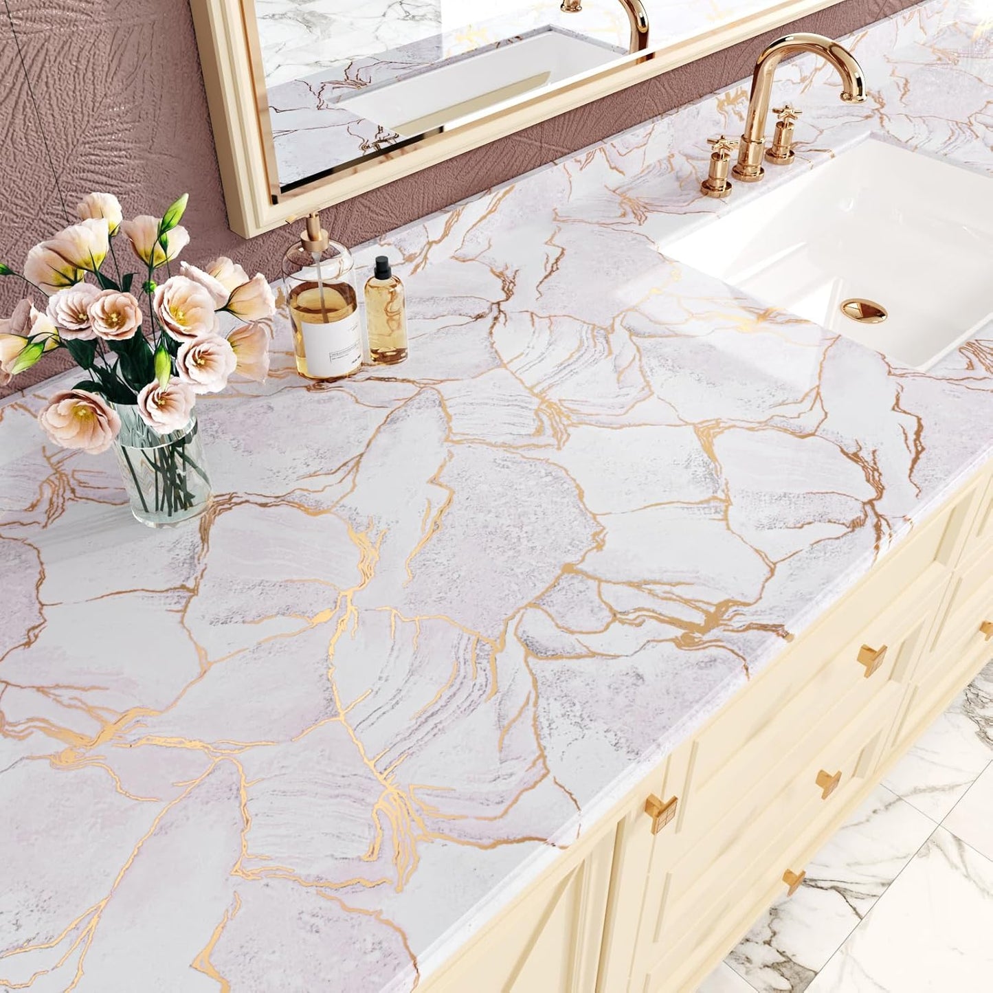 Papel tapiz mármol rosa y dorado brillante impermeable