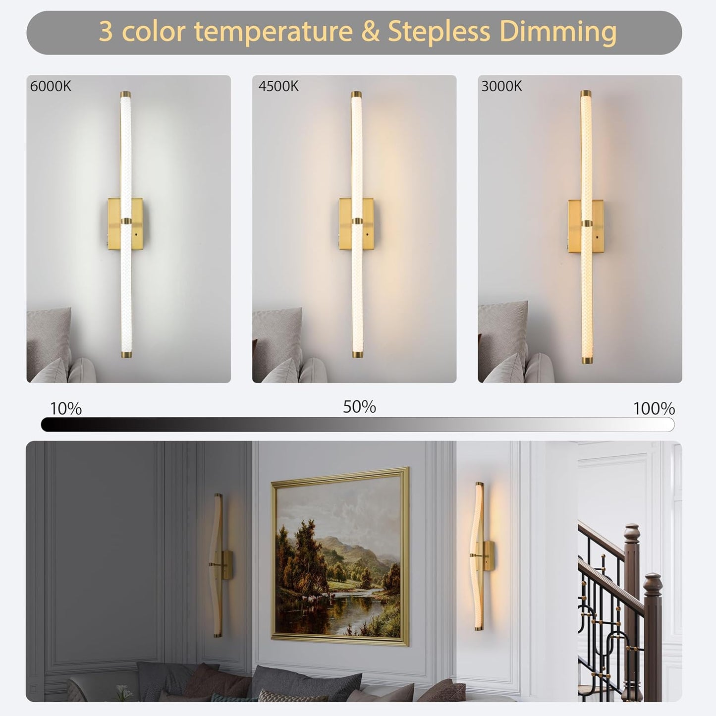 2 Apliques Pared Dorados Inalámbricos Control Remoto 3 Colores