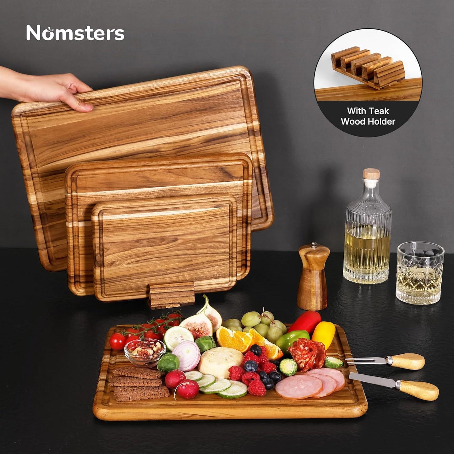 Set 4 Tablas Cortar Teca Antideslizante Madera Maciza