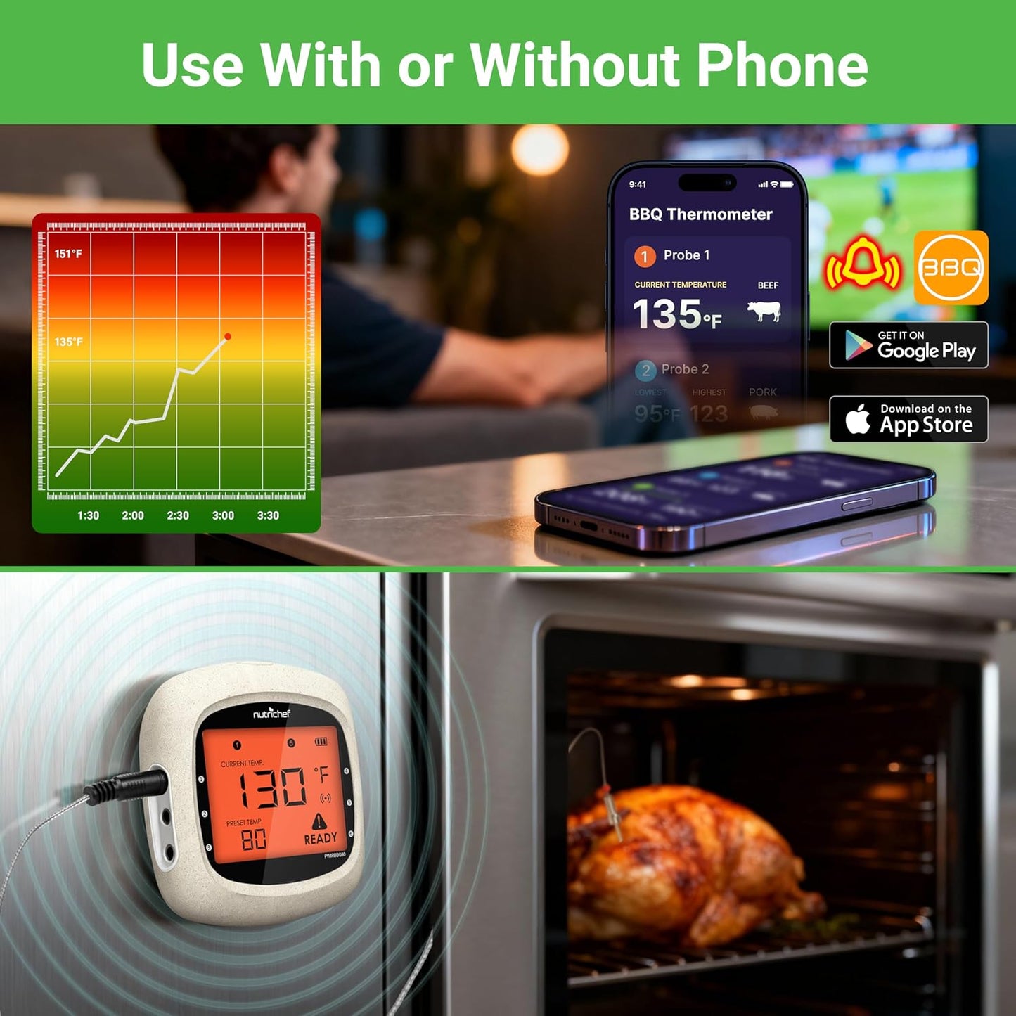 Termómetro carne Bluetooth 6 sondas inalámbricas LCD