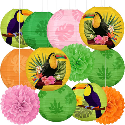12 Pzas Decoración Tucán Tropical Faroles Luau Pompones Verano