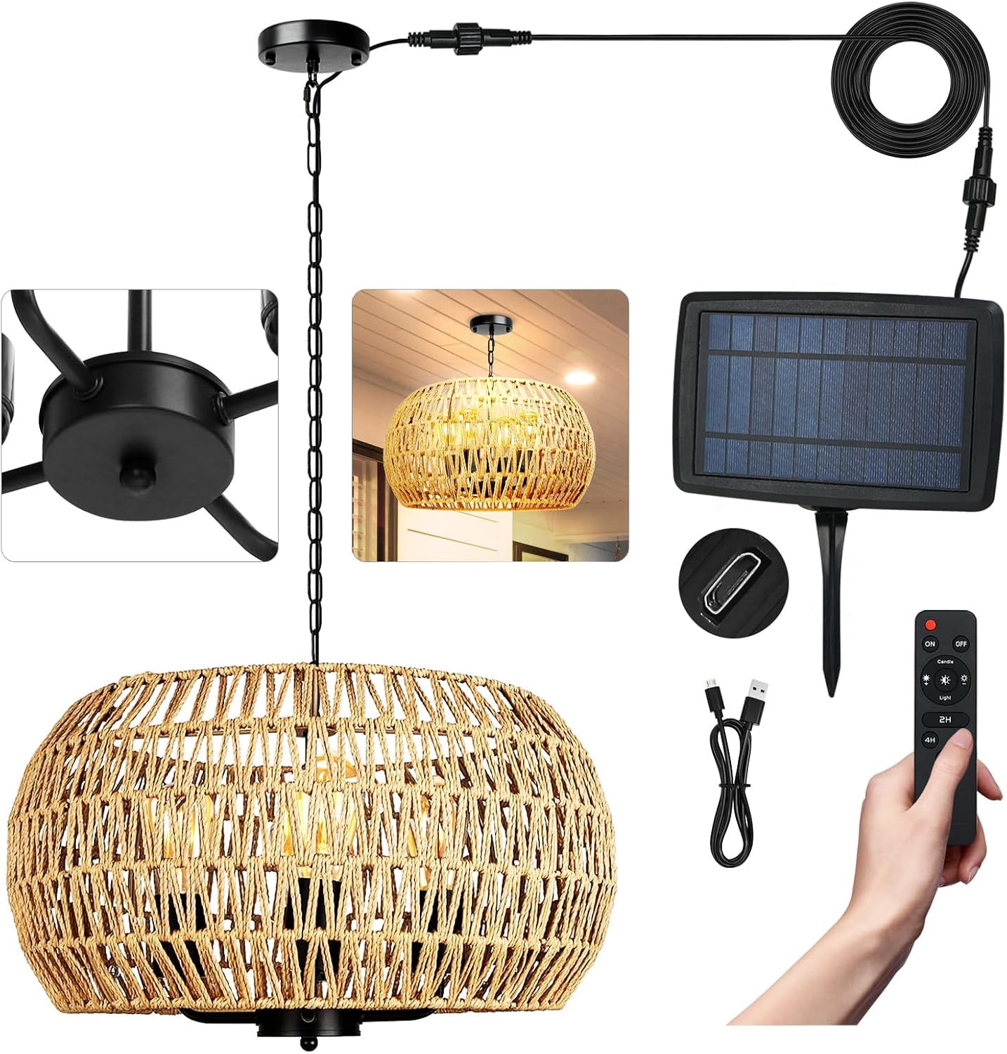 Candelabro solar 4 luces ratán control remoto doble potencia USB