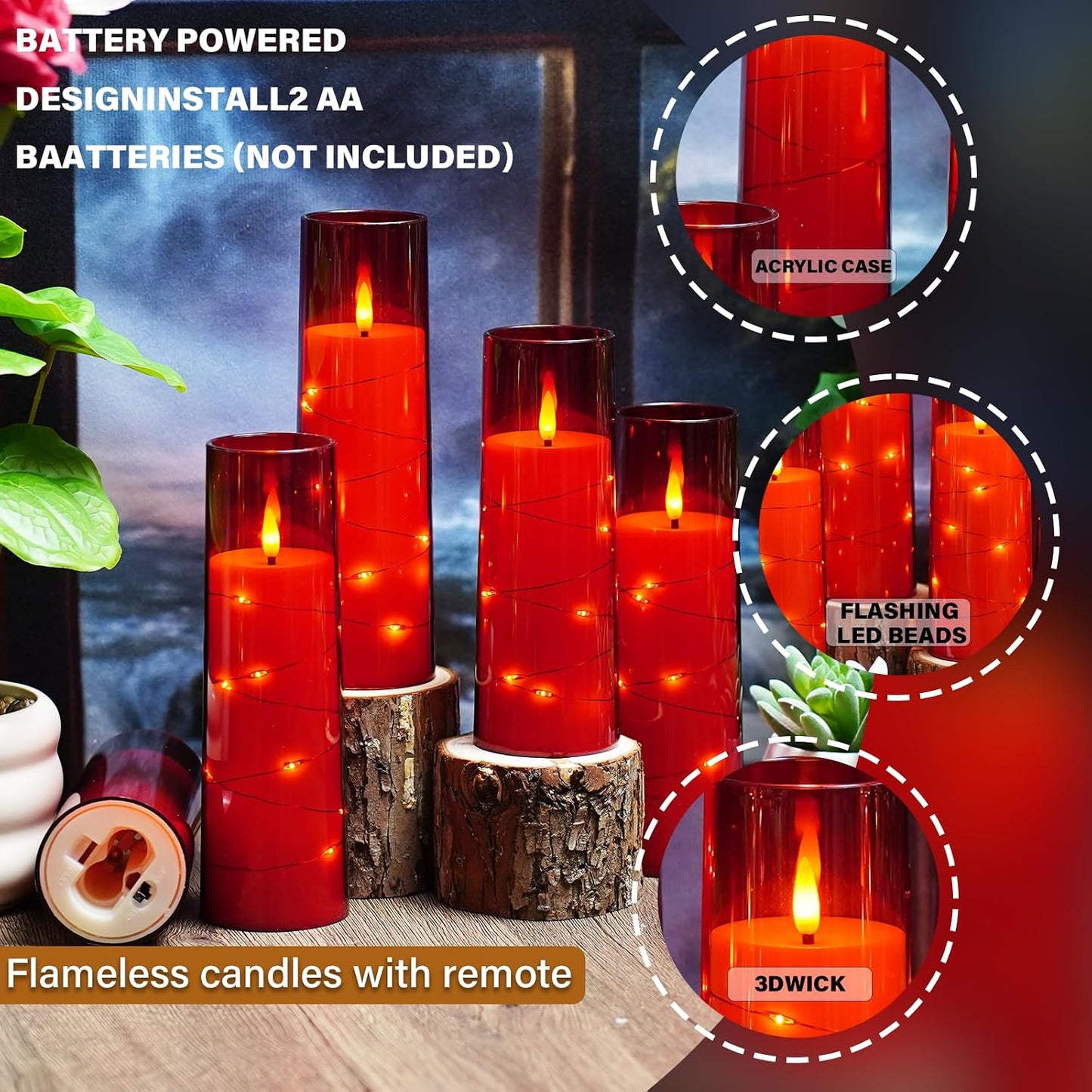 Velas LED parpadeantes con control remoto 24 pzas rojo