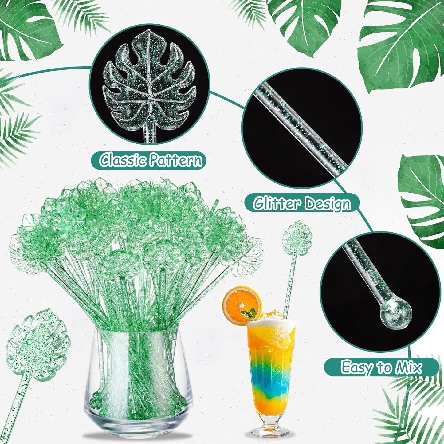 Palitos de cóctel de hoja de palmera reutilizables con purpurina verde