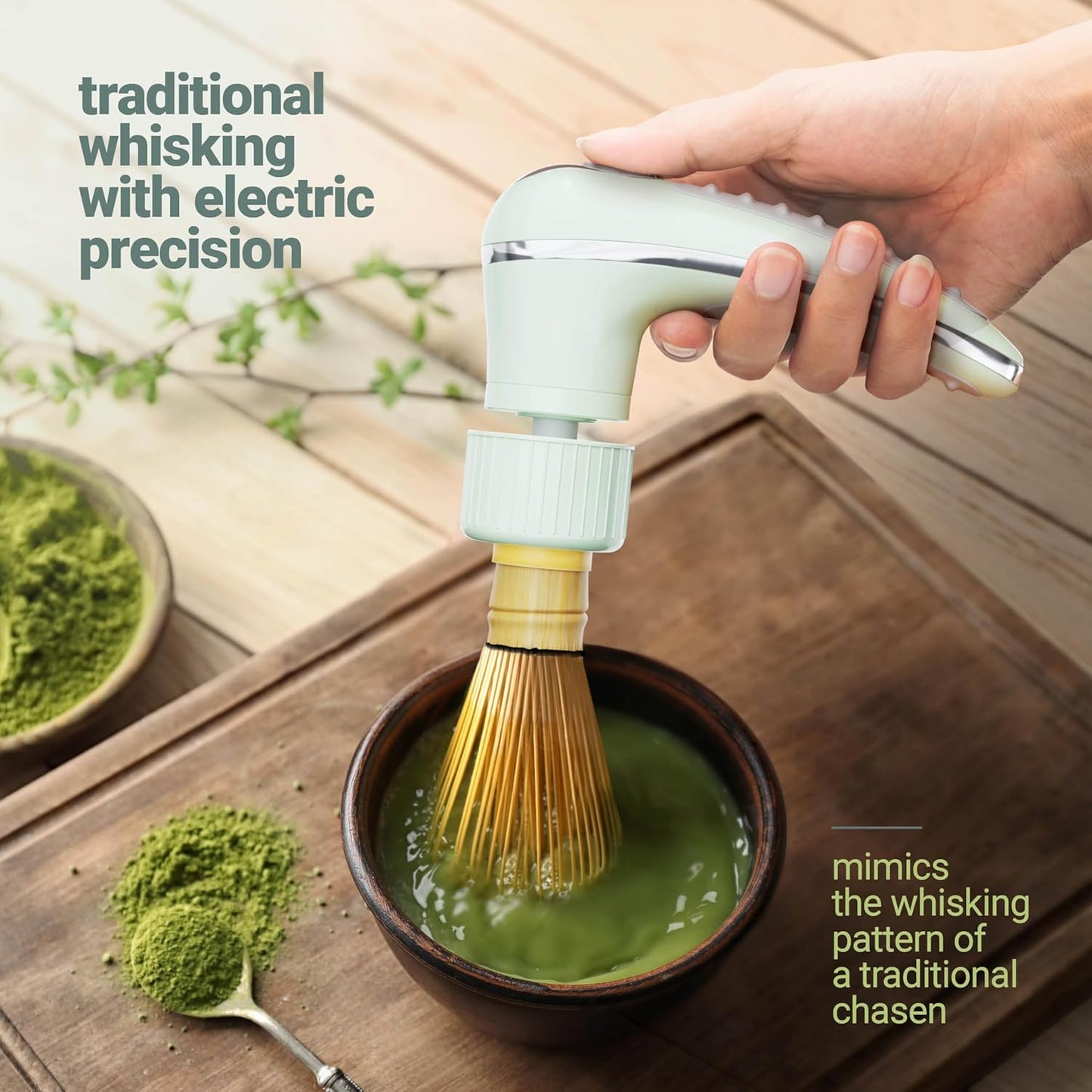 Batidor eléctrico de bambú Matcha Mate con espumador recargable y accesorios