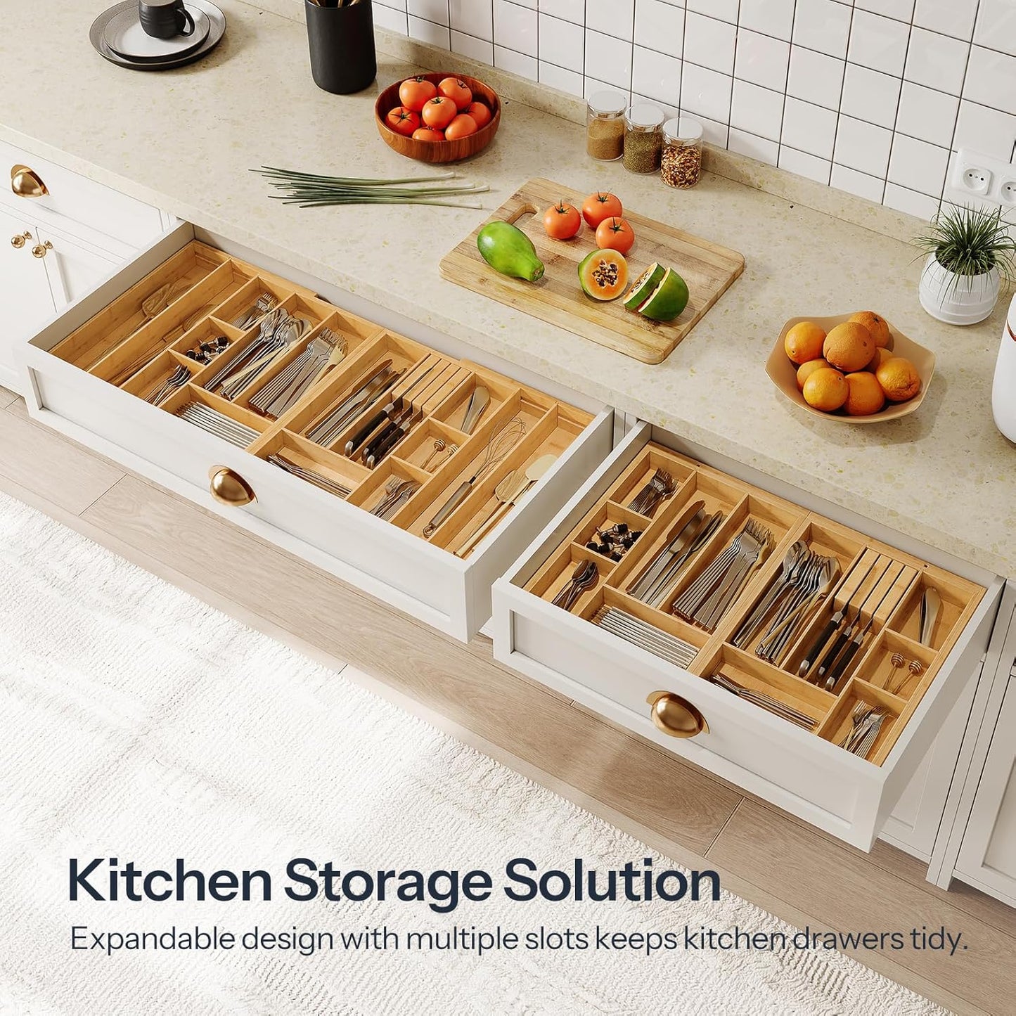 Organiz. utensilios y especias bambú expandible cocina