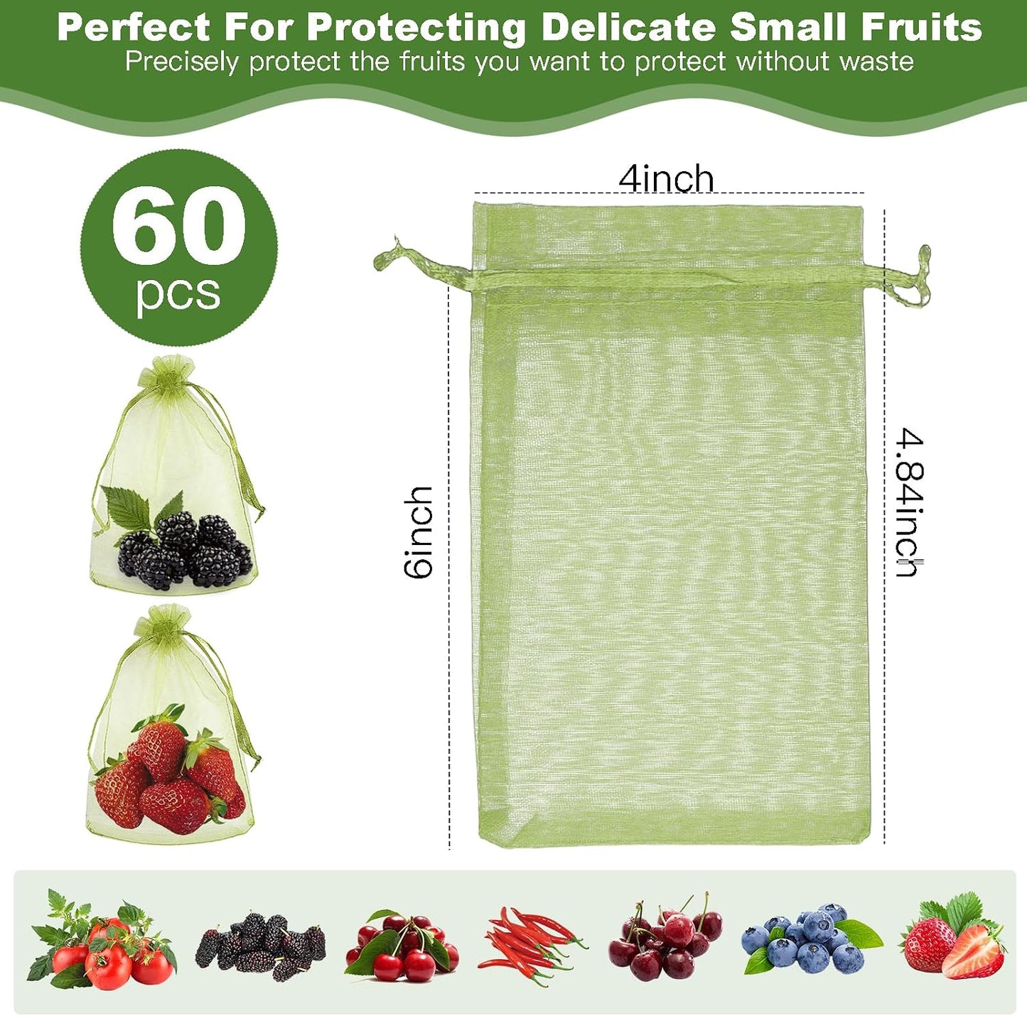 60 Bolsas Malla para Proteger Frutas 4x6pulg con Cordón