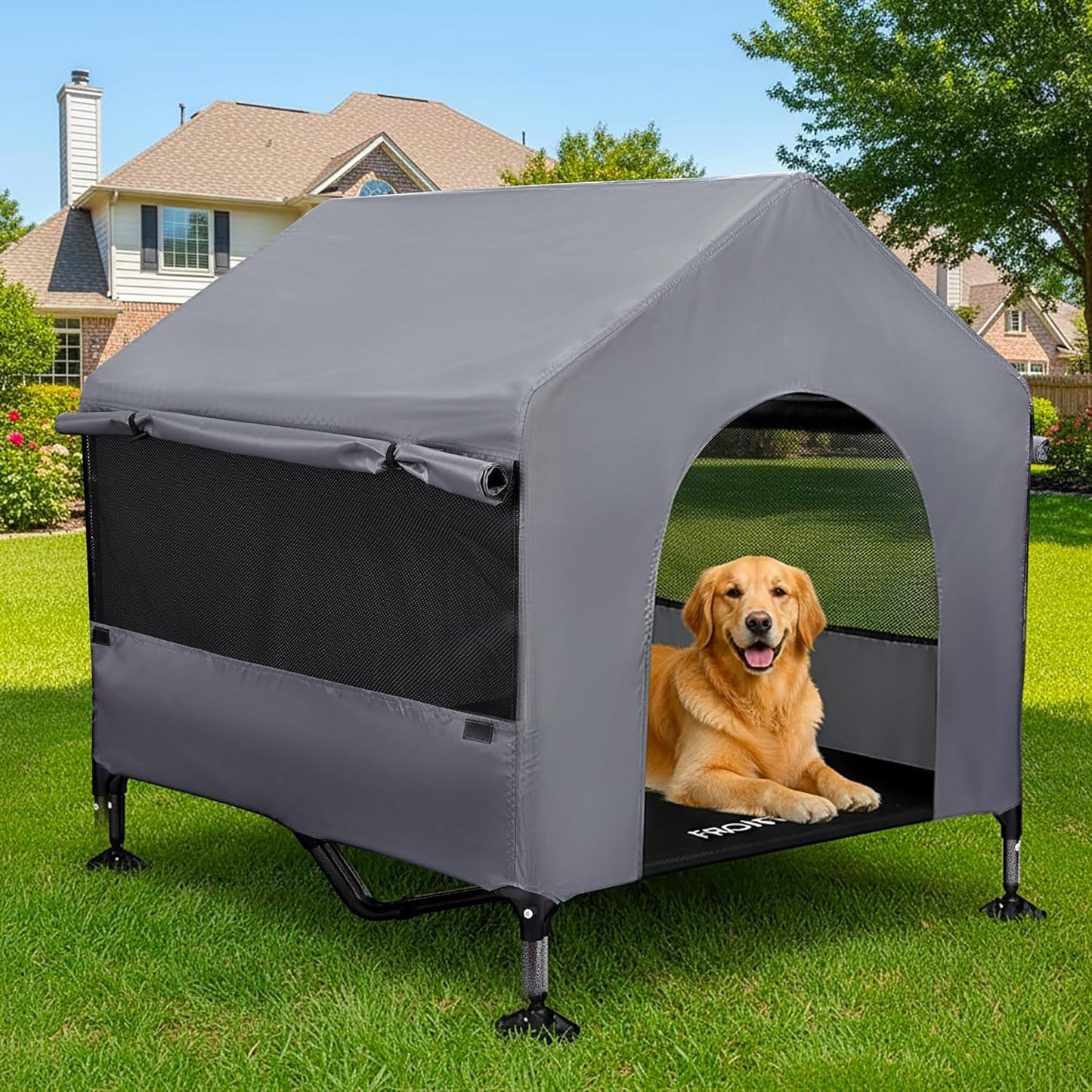 Casa perro 42pulg 2en1 con ventanas malla transpirable cama elevada