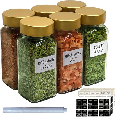Paquete de 6 tarros de especias cuadrados de vidrio con tapas de coctelera y herméticas