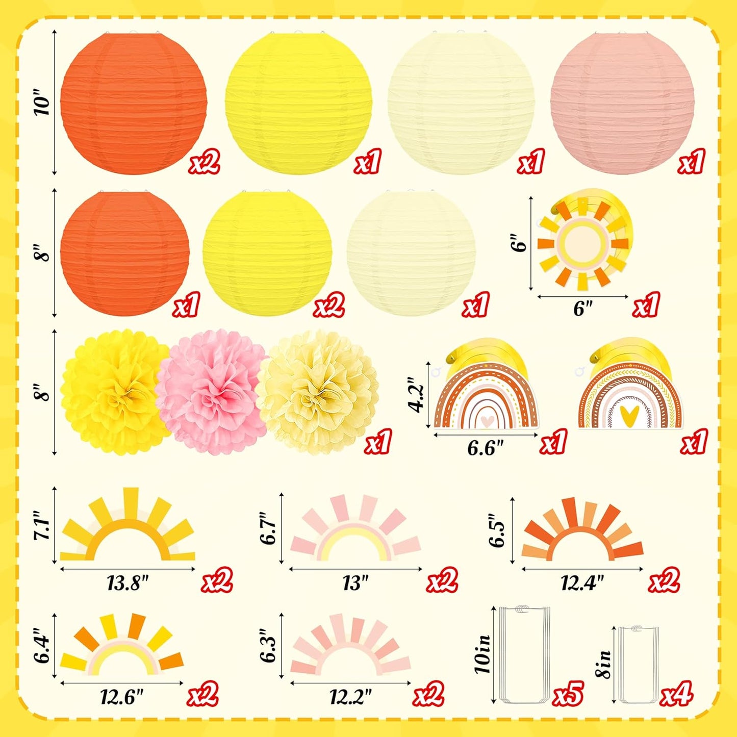 15 Linternas Papel Decoración Sol Pompones Colgantes